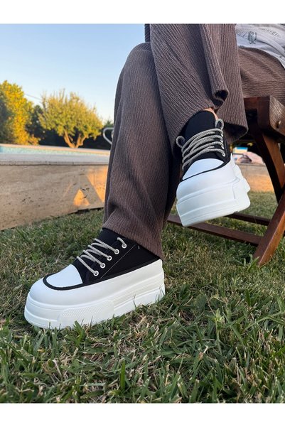 BURCU COLLECTİON Belinda High Sole Stone Lacing Detailed Black Linen Sports Shoes