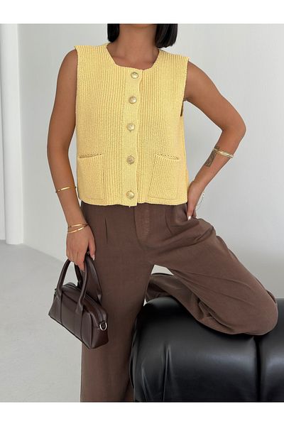 Zenea Yellow Women's Knitwear Vest with Gold Buttons - 100% Cotton