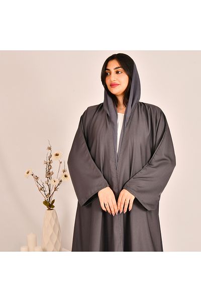 Beyond Grey wrap abaya with a half-cloche