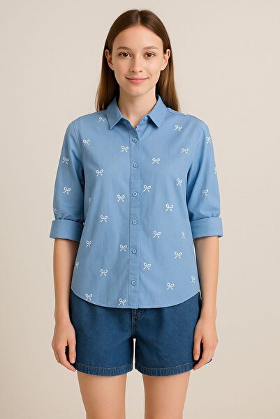 Nüans Mavi Fiyonk Baskılı Kadın Gömlek