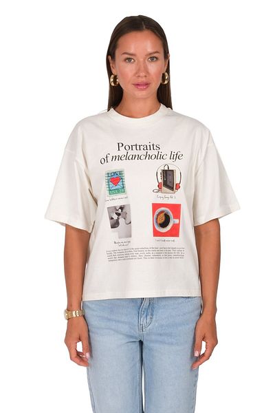 Coredra Melancholic Life Boxed Fit Women's T-Shirt Ecru C590