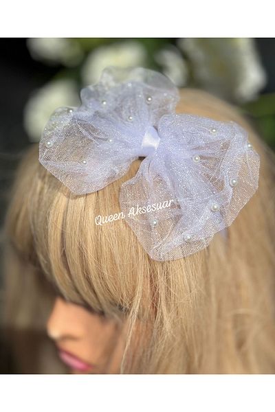 QUEEN AKSESUAR Luxury Design Model Pearl Fancy White Satin Princess Crown with Tulle Butterfly Bow Tiara