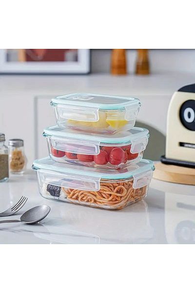 CİHO Set of 3 (1040Ml-700Ml-410Ml) Glass Sealed Vacuum Rectangular Storage Container with Airtight Lid