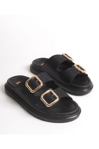 Everest Black Vegan Leather Double Buckle Women's Comfort Slippers