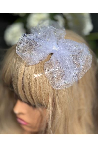 QUEEN AKSESUAR Luxury Design Model Pearl Fancy White Satin Princess Crown with Tulle Butterfly Bow Tiara