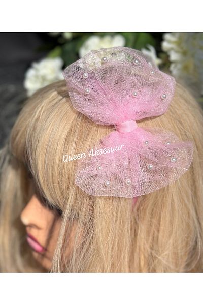 QUEEN AKSESUAR Luxury Design Model Pearl Fancy Light Pink Satin Princess Crown with Tulle Butterfly Bow Tiara
