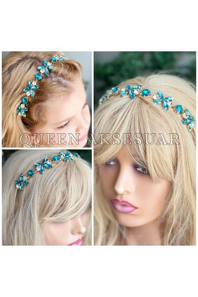 QUEEN AKSESUAR Luxury Design Gold Metal Crystal Stone Butterfly Flower Motif Crown Special Occasion Crown Turquoise Blue