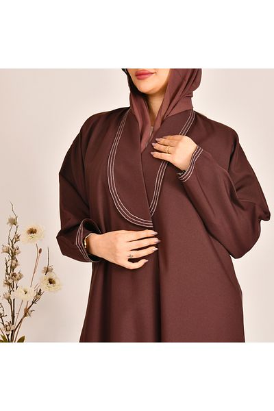 Beyond Brown wrap blazer abaya with white geometric embroidery