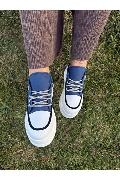 BURCU COLLECTİON Belinda High Sole Stone Lacing Detailed Blue Linen Sports Shoes