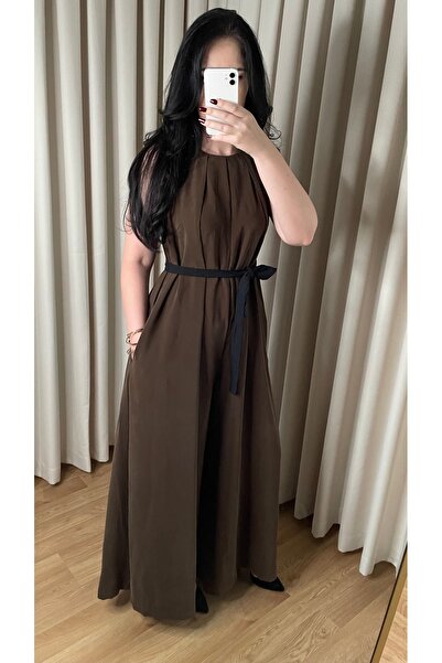 Aura Ella Kadın Kahverengi Kuşaklı Palazzo Tulum – Yuvarlak Yaka, Cepli, Şık Tasarım