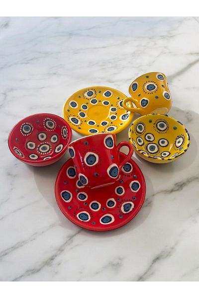 Artistic Quality Decorative 2-Person Stylish Evil Eye Bead Tile Design Fully Handmade Coffee Cup and 10 cm Sauce Bowl