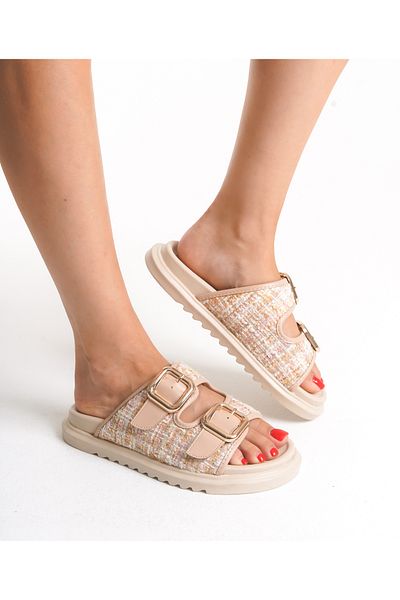 Everest Beige Tweed Fabric Double Buckle Women's Comfortable Slippers