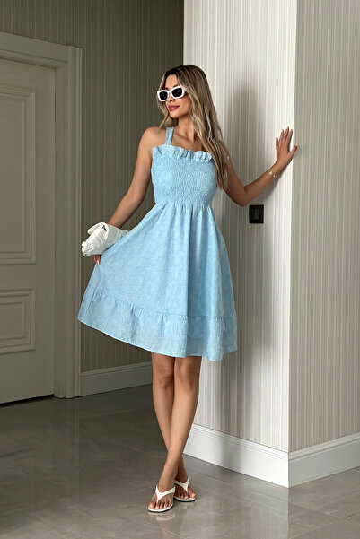 ASEDE Imported Special Design Back Detail Ruffle Straps and Laces 100% Cotton Brode Fisto Dress
