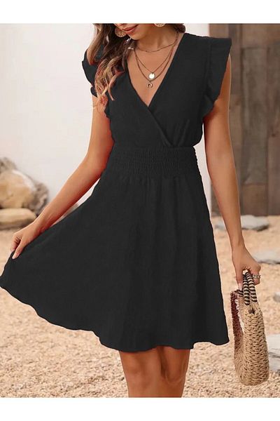 İpeksi Silky Women's Short Sleeve Double Breasted Collar Aerobin Dress with Elastic Waist