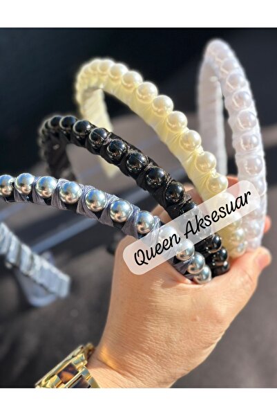 QUEEN AKSESUAR Luxury Satin Knitted Ribbon Fabric Large Pearl Bead Row Crown Bright Silver Gray Color Princess Tiara