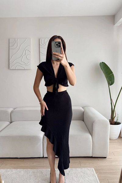MOZENA Front Tie Ruffle Skirt Crop Suit