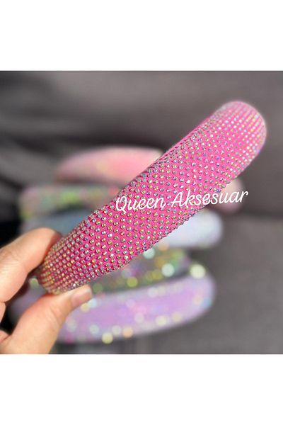 QUEEN AKSESUAR Luxury Design Wide Sponge Bomb Crystal Stone Plated Glitter Crown Special Occasion Crown Fuchsia Pink