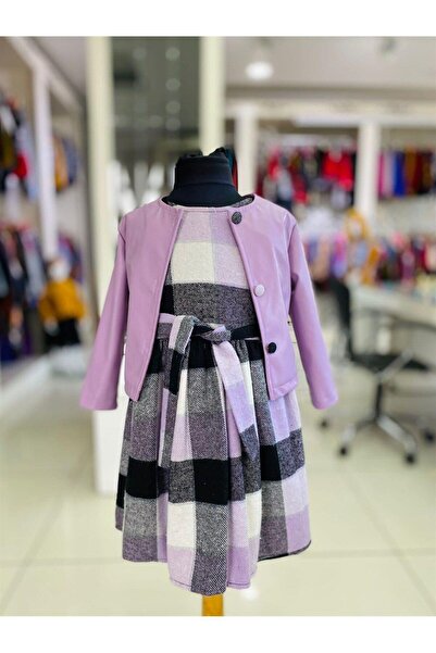 Marka Sensin Kids Girl's Leather Jacket Lumberjack Fabric Dress Set of 2