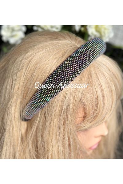 QUEEN AKSESUAR Luxury Wide Sponge Bombshell Hologram Crystal Stone Plated Glitter Crown Special Day Crown Black