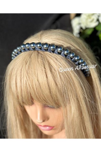QUEEN AKSESUAR Luxury Satin Knitted Ribbon Fabric Large Pearl Bead Row Crown Bright Silver Gray Color Princess Tiara