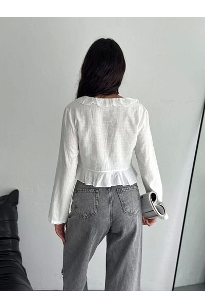 MODA Λινό μακρυμάνικο μπλουζάκι με λεπτομέρεια με δαντέλα - Λευκό