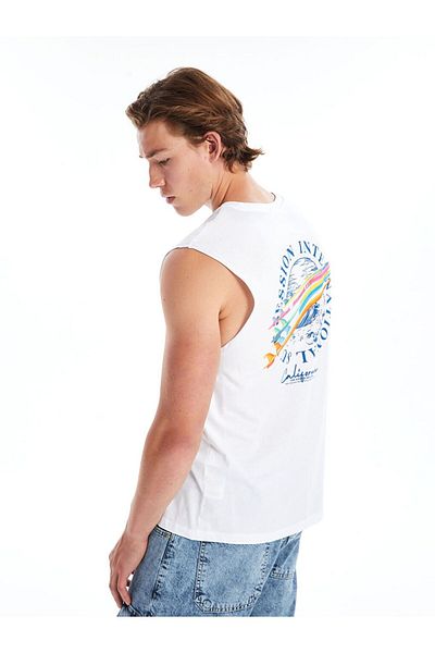 LC Waikiki White Crew Neck Printed Men's Sleeveless T-Shirt