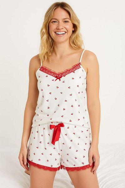 enmodaiçgiyim Set de pijamale pentru femei cu model de cireșe, cu curea albă, cu șnur - țesătură moale Milan, îmbrăcăminte elegantă și confortabilă pentru acasă
