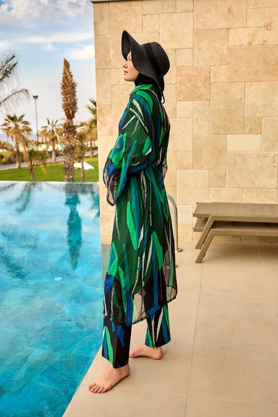 Marina Swimwear Green Silky Kimono – Thin, Light, Full Length Belted Pareo P2503-1