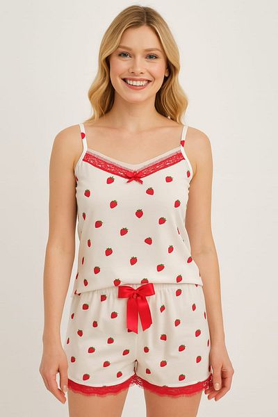 enmodaiçgiyim Set de pijamale pentru femei cu model de căpșuni, cu curea albă, cu șnur - țesătură moale Milan, îmbrăcăminte elegantă și confortabilă pentru acasă