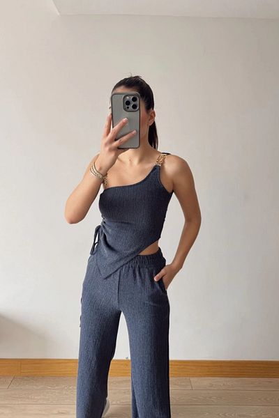 MOZENA Asymmetric Shoulder Accessory Detailed Double Suit