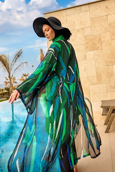 Marina Swimwear Green Silky Kimono – Thin, Light, Full Length Belted Pareo P2503-1
