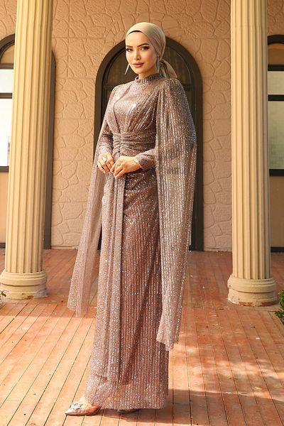 Olcay Front Tie Cape Detail Sequin Sequined Hijab Evening Dress A.Kahve 1027
