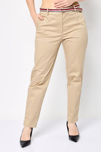 Tommy Hilfiger Women Regular Fit Solid Chino Pant With Belt, Khaki