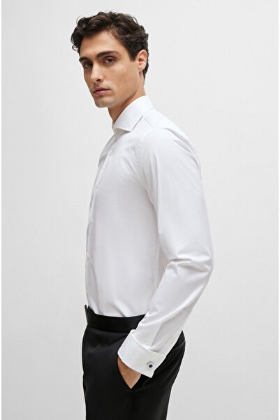 BOSS Erkek Dar Kesim Streç Pamuklu Kumaş Uzun Kollu Beyaz Gömlek 50480101-100