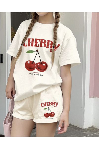 COHERENT Unisex Women/Men Beige Color Cherry Custom Printed Shorts T-Shirt Set