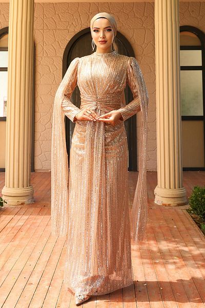 Olcay Front Tie Cape Detail Sequin Sequined Hijab Evening Dress Kamel 1027