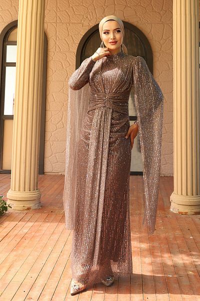 Olcay Front Tie Cape Detail Sequin Sequined Hijab Evening Dress A.Kahve 1027