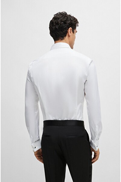 BOSS Erkek Dar Kesim Streç Pamuklu Kumaş Uzun Kollu Beyaz Gömlek 50480101-100