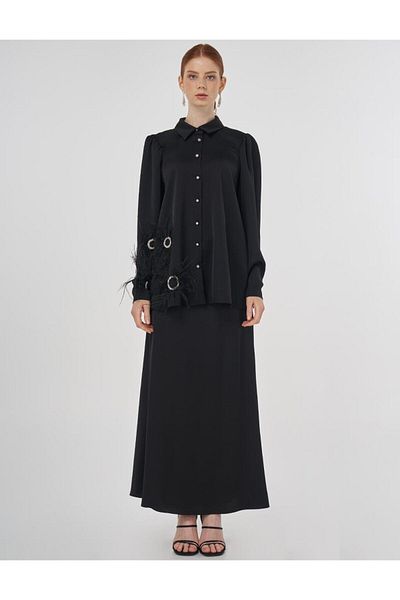 Kayra Otriş Detailed Satin Tunic Black