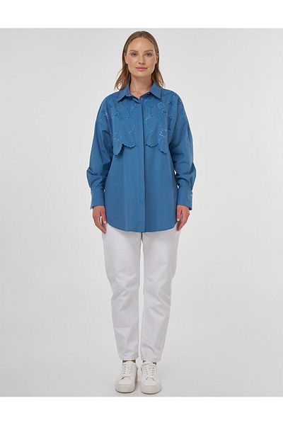Kayra Embroidery Appliqued Cotton Tunic Crown Blue