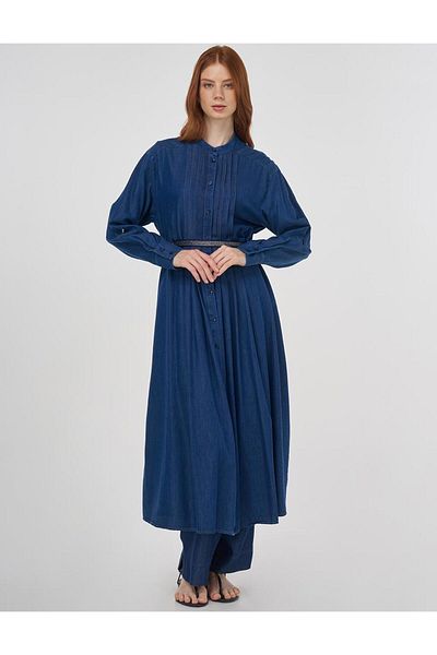 Kayra Ribbed Stitched Lyocell Tunic Navy Blue