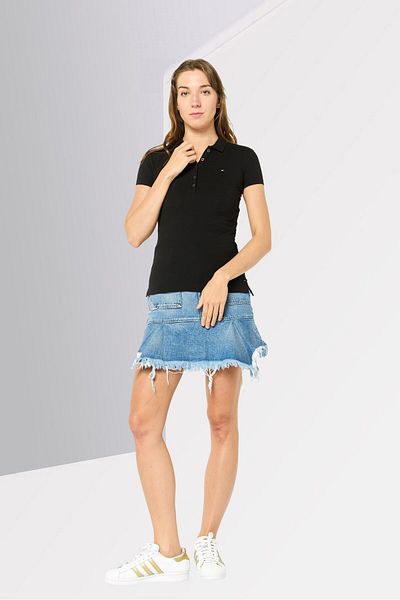 Tommy Hilfiger Women Spread Collar Short Sleeve Brand Logo Polo Shirt, Black