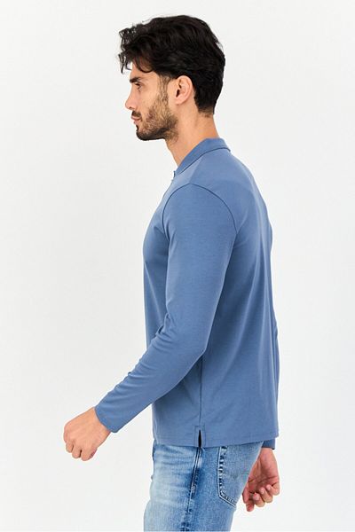 Giordano Men Slim Fit Solid Full Sleeves Polo Shirt, Slate Blue