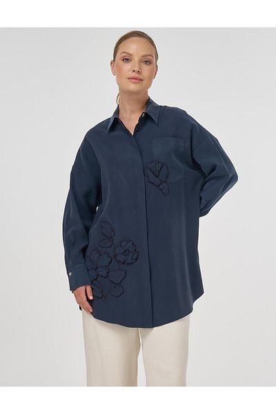 Kayra Embroidery Appliqued Modal Tunic Dark Navy Blue