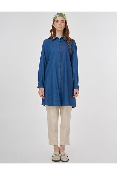 Kayra Embroidered Collar Cotton Tunic Indigo
