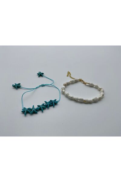 CHIC Blue Color Sea Star Adjustable and White Sea Shell 2-Piece Anklet