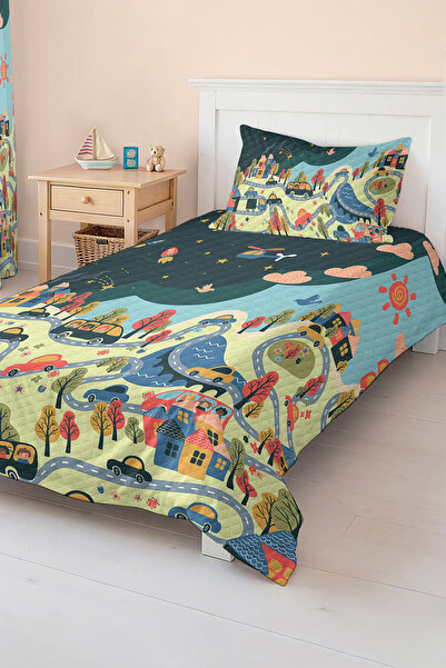 Realhomes مجموعة بيكيه مفردة لغرفة الأطفال للجنسين بنمط سيارة وبلدة ملونة