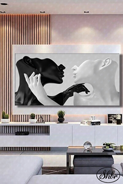 Şehber Tekli Yatay Kanvas Duvar Tablosu Salon Yatak Odası Kafe Psikolog Siyah Beyaz Sevgililer