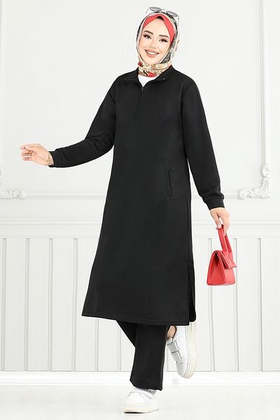 ModaMerve Half Zipper Hijab Suit 6036Uz1029-M Black