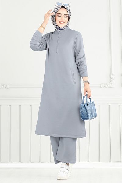 ModaMerve Half Zipper Hijab Suit 6036Uz1029-M Gray